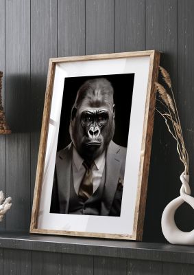 Elegant Gorilla in Grey Suit: Unique Wall Art Statement