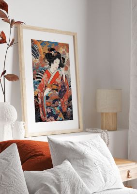 Japanese Woman in Kimono with Floral Pattern Art