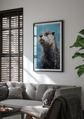 Otter in Black and White with Blue River Backdrop