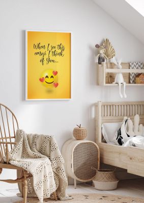 An unframed print of emoji love hearts around in typography in yellow and black accent colour