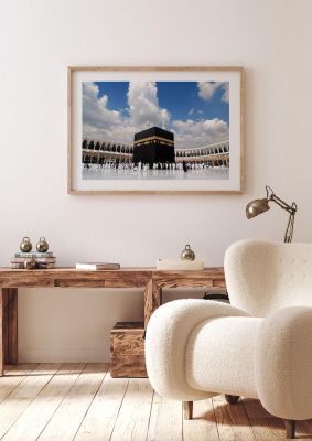 An unframed print of kaaba in mecca saudi arabia travel photograph in blue and black and white accent colour