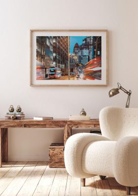 An unframed print of london city traffic at night travel photograph in multicolour and blue accent colour