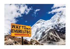 An unframed print of mount everest signpost himalayas travel photograph in blue and white accent colour