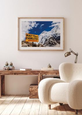 An unframed print of mount everest signpost himalayas travel photograph in blue and white accent colour