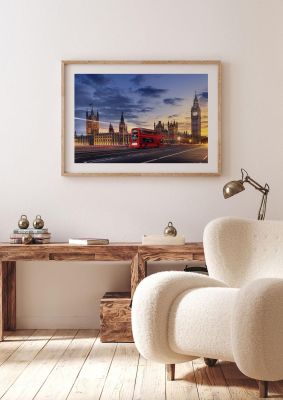 An unframed print of red bus big ben london travel photograph in multicolour and blue accent colour