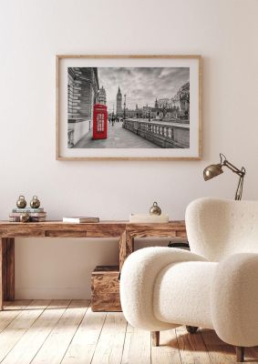 An unframed print of red telephone box london travel photograph in grey and red accent colour