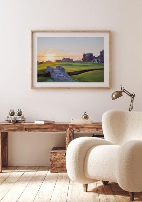 An unframed print of swilcan bridge old course at sunrise st andrews sports photograph in multicolour and green accent colour