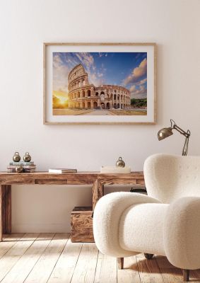 An unframed print of the coliseum in rome travel photograph in blue and white accent colour