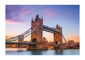 An unframed print of tower bridge at sunset london travel photograph in purple and blue accent colour