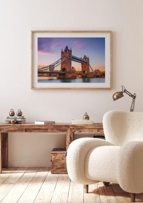 An unframed print of tower bridge at sunset london travel photograph in purple and blue accent colour