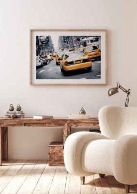 An unframed print of yellow taxi new york travel photograph in grey and yellow accent colour