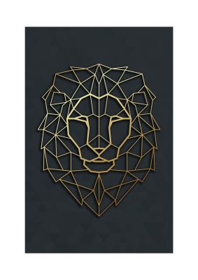 An unframed print of geometric gold lion head in gold and black accent colour