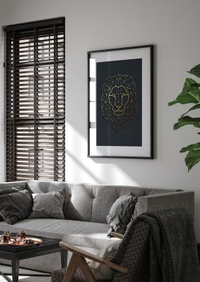 An unframed print of geometric gold lion head in gold and black accent colour