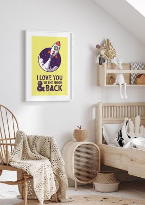 An unframed print of i love you to the moon and back kids wall art in typography in yellow and red accent colour