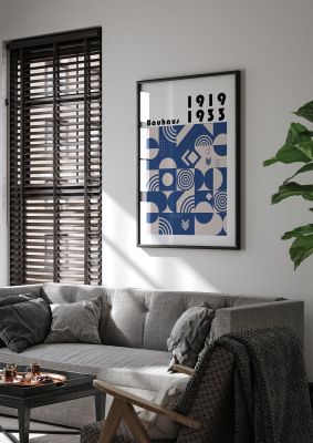 An unframed print of bauhaus style 3 retro in blue and black accent colour