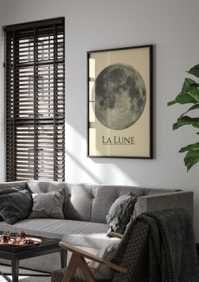 An unframed print of la lune the moon space photograph in yellow and grey accent colour