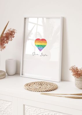 An unframed print of one love pride heart graphical illustration in white and multicolour accent colour