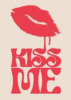 An unframed print of kiss me in pink graphical illustration in red and beige accent colour