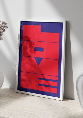 An unframed print of love abstract red graphical in typography in red and blue accent colour