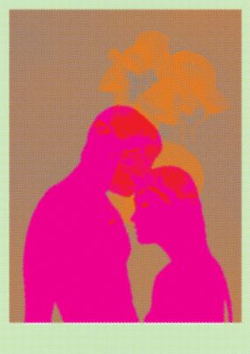 An unframed print of colourful kiss graphical illustration in pink and yellow accent colour