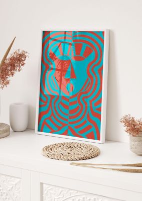 An unframed print of psychedellic face red blue famous paintings abstract in blue and red accent colour