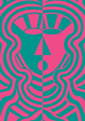 An unframed print of psychedellic face pink green famous paintings abstract in green and pink accent colour