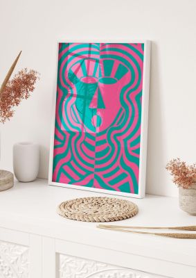 An unframed print of psychedellic face pink green famous paintings abstract in green and pink accent colour