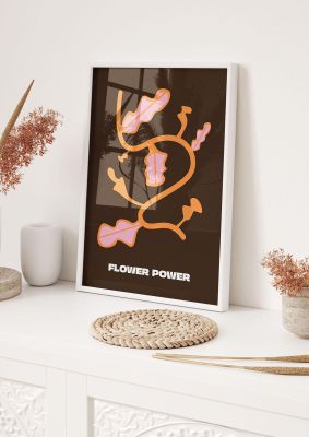 An unframed print of flower power botanical illustration in brown and orange accent colour