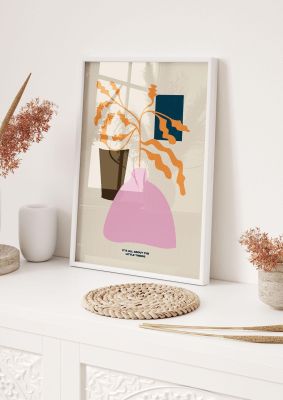 An unframed print of little things still life botanical illustration in pink and orange accent colour