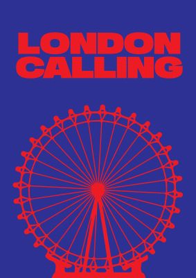 An unframed print of london calling red blue graphical illustration in blue and red accent colour