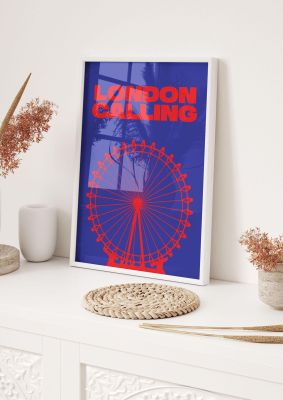 An unframed print of london calling red blue graphical illustration in blue and red accent colour