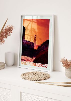 An unframed print of san francisco travel travel illustration in orange and black accent colour