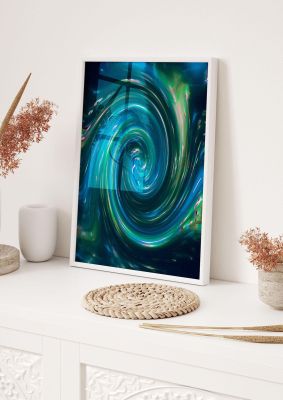 An unframed print of blue space swirl space abstract in blue and green accent colour