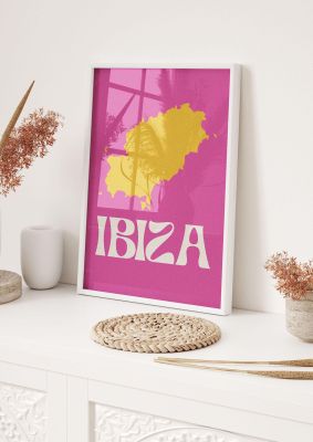 An unframed print of ibiza map travel illustration in pink and yellow accent colour