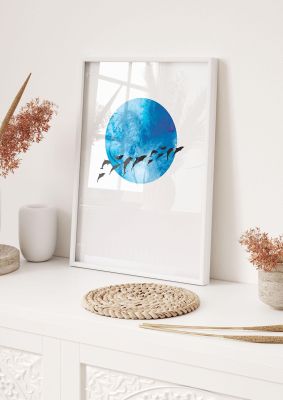 An unframed print of watercolour animal silhouette two illustration in blue and black and white accent colour