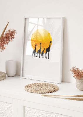 An unframed print of watercolour animal silhouette three illustration in orange and black and white accent colour