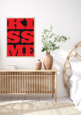 An unframed print of kiss me large letter red graphical illustration in red and black accent colour