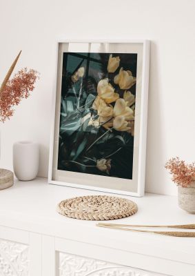 An unframed print of yellow flower halftone botanical photograph in green and yellow accent colour