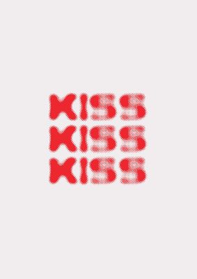 An unframed print of kiss kiss kiss graphical in typography in grey and red accent colour