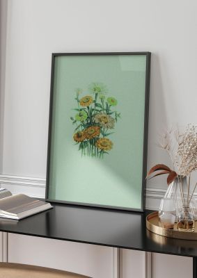 An unframed print of mexican vintage flower botanical illustration in green and yellow accent colour