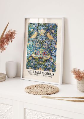 An unframed print of william morris strawberry thief 1883 a famous paintings illustration in blue and beige accent colour