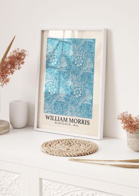 An unframed print of william morris marigold 1874 a famous paintings illustration in turquoise and beige accent colour