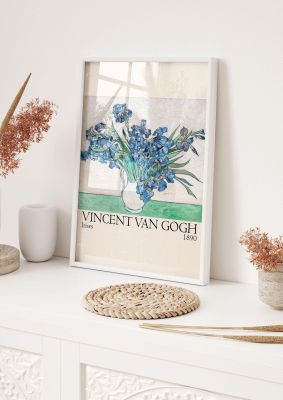 An unframed print of vincent van gogh irises 1890 a famous paintings illustration in blue and beige accent colour