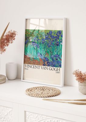 An unframed print of vincent van gogh irises 1889 a famous paintings illustration in blue and beige accent colour