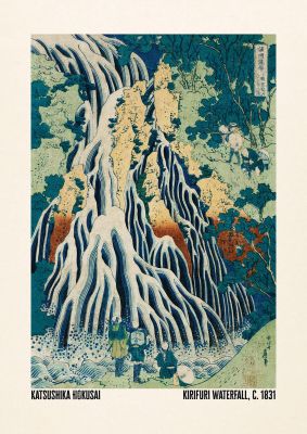 An unframed print of katsushika hokusai kirifuri waterfall c1831 a famous paintings illustration in green and beige accent colour