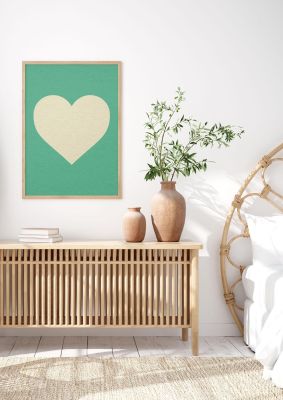 An unframed print of cream love heart green background love graphic in beige and green accent colour