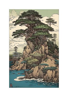 Ancient Japanese Cliffside Pine Tree Artwork