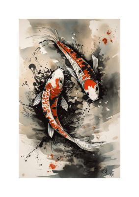 Captivating Sumi-e Graceful Koi Fish Swimming