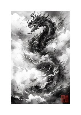 Abstract Sumi-e Spiraling Dragon in Clouds