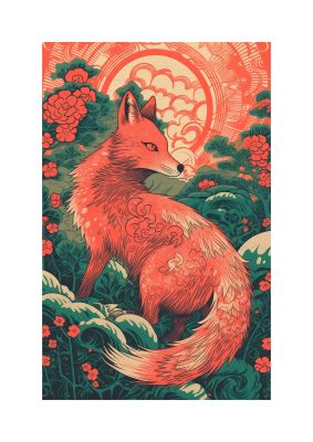 Risograph-Inspired Kitsune in Forest Green